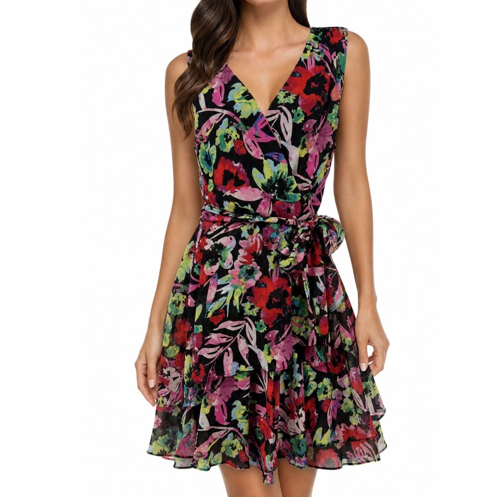 Tahari Arthur S Levine Floral Faux Wrap Tiered Ruffle Hawaiian Floral Dress 14